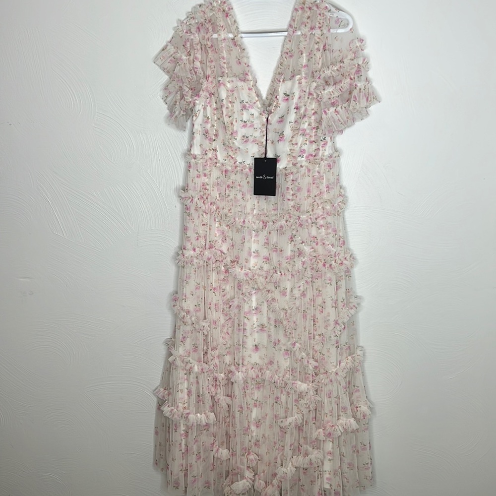 Needle & Thread Moonshine Wisteria floral lace ruffle dress pink 12 NWT